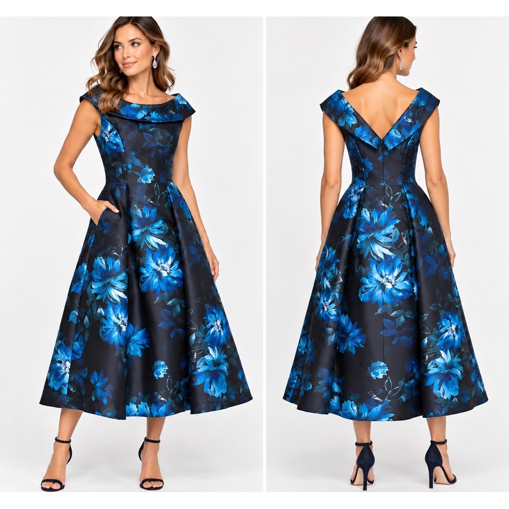 NWT Adrianna Papell 8 Navy Floral Midi Dress Wedding Guest Mikado Roll Collar